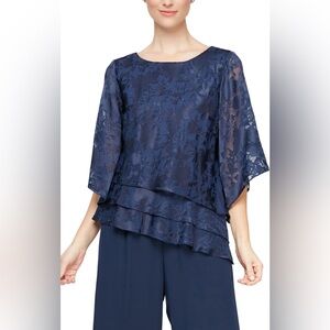 Alex Evenings Navy Floral Burnout print boatneck Blouse 3/4sleeves & sparkle M